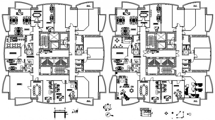 Local office two floor distribution with furniture layout cad drawing details dwg file
