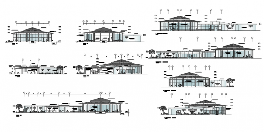 Local restaurant building all sided elevation and section cad drawing details dwg file