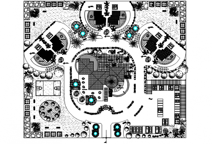 Local Restaurant distribution layout plan and landscaping structure details dwg file