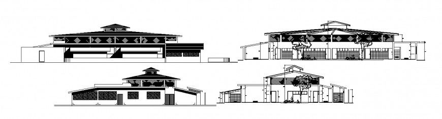 Local small hotel main and back elevation and section cad drawing details dwg file