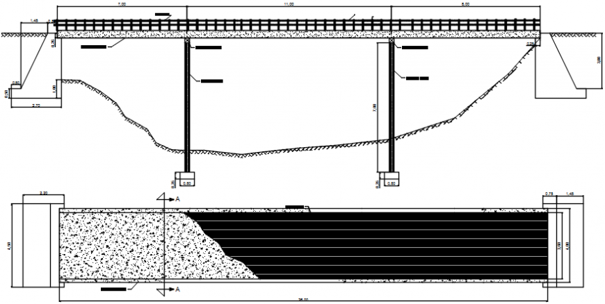 Long bridge top view and side constructive section details dwg file