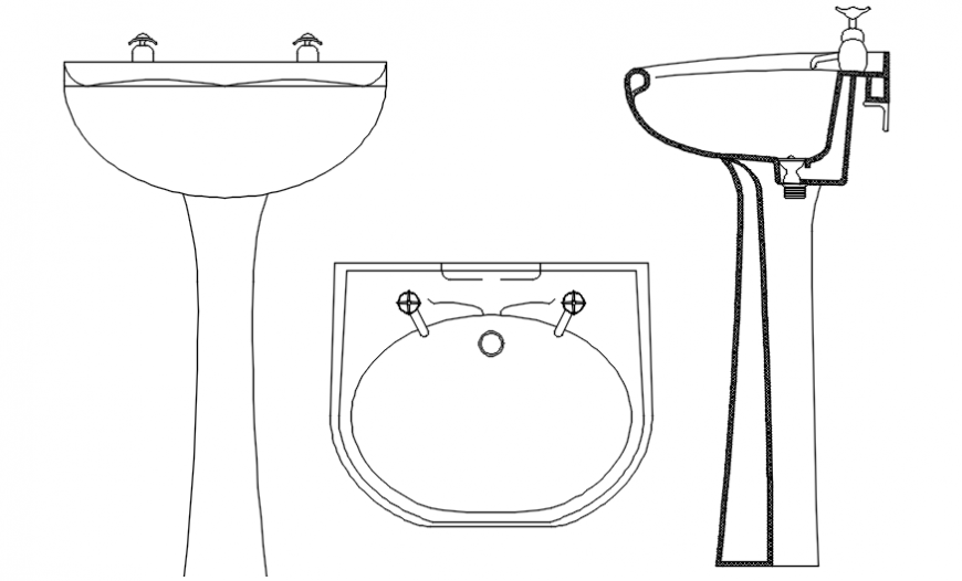Long ceramic basin all sided elevation block cad drawing details dwg file
