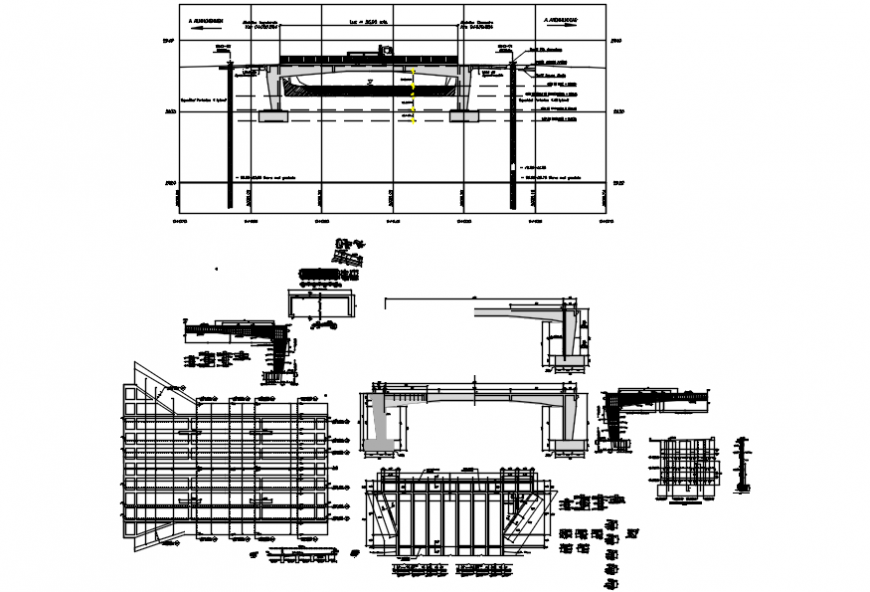 Long concrete bridge section and constructive structure drawing details dwg file