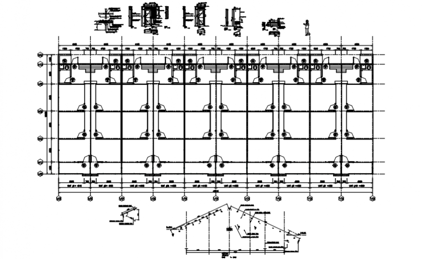 Long house foundation plan and roof structure drawing details dwg file