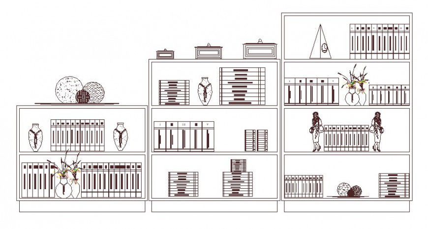 Long wooden book case elevation block drawing details dwg file