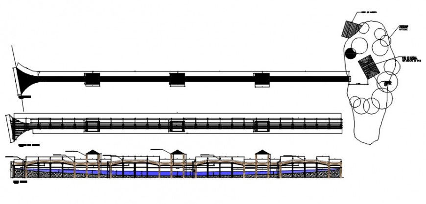 Long wooden bridge elevation and sections drawing details dwg file