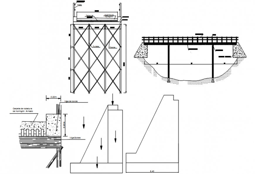 Long wooden bridge section and structure details dwg file