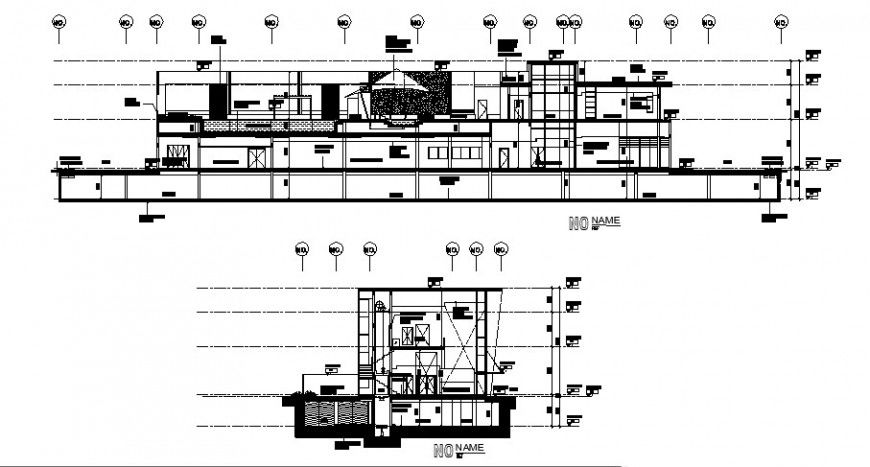 Longitudinal and cross section of club house cad drawing details dwg file