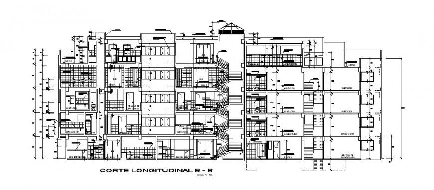Longitudinal back sectional details of multi-story apartment building dwg file