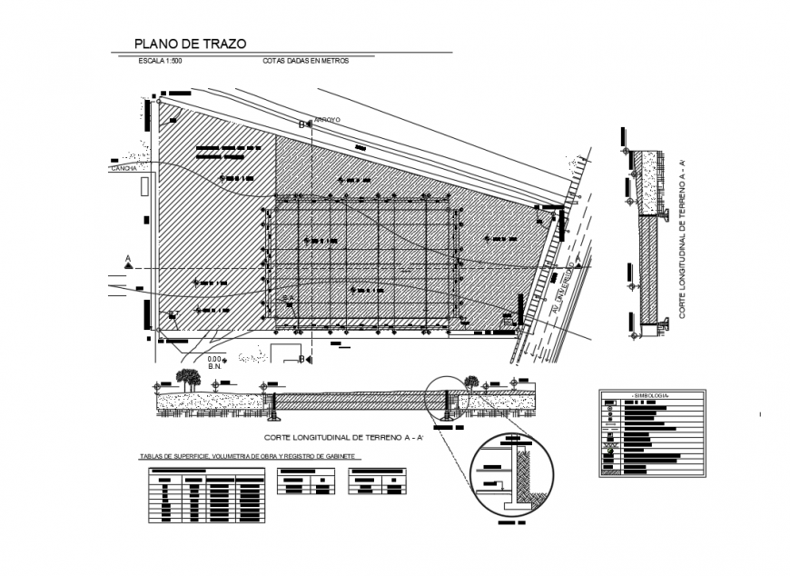 Longitudinal cutting of land and site plan details dwg file