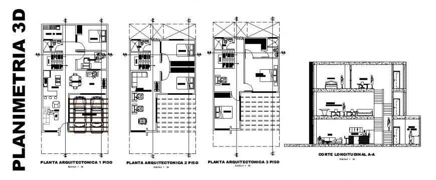 Longitudinal section and floor plan layout details of one family house dwg file