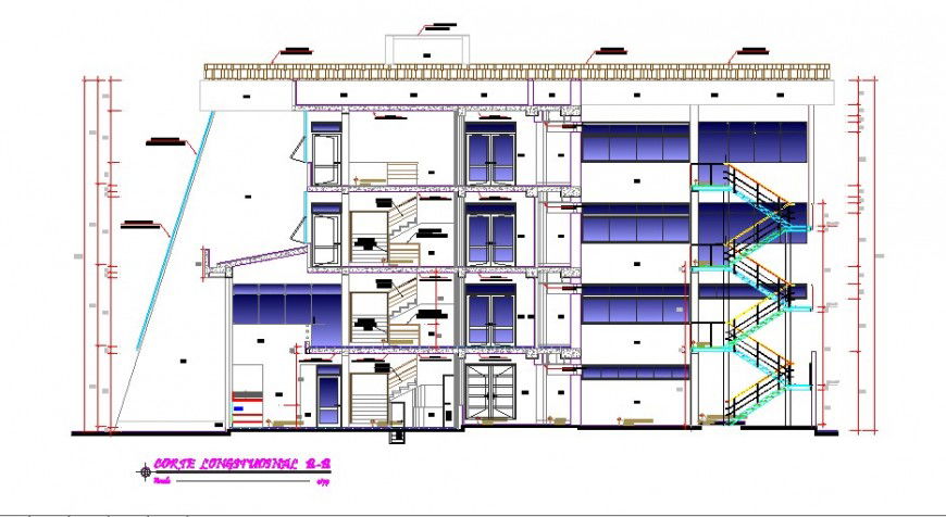 Longitudinal sectional details of regional office building dwg file