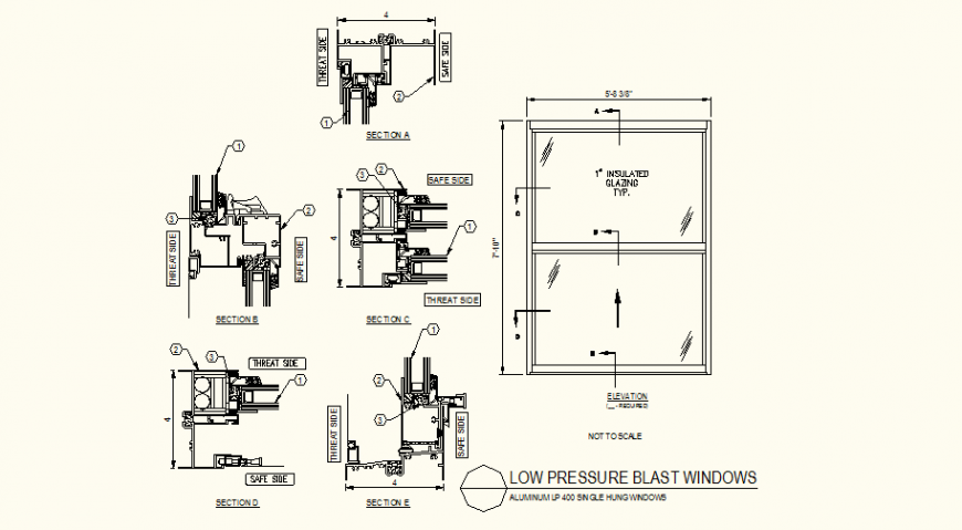 Low pressure blast window detail section and elevation layout file