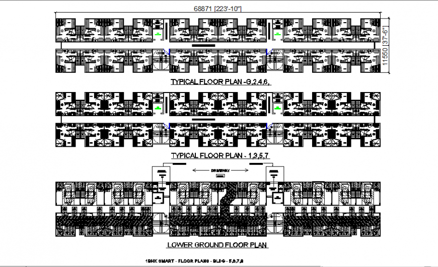 Lower ground floor plan and typical floor plan details of housing apartment building dwg file