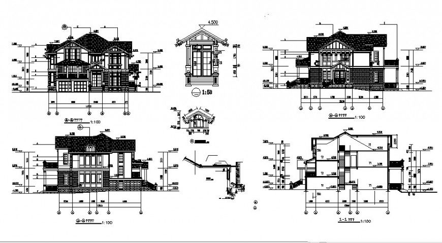 Luxuries bungalow two-level all sided elevation and section details dwg file