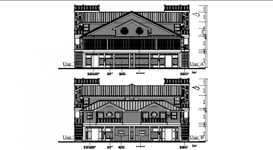 Luxuries classic bungalow front and back elevation cad drawing details dwg file