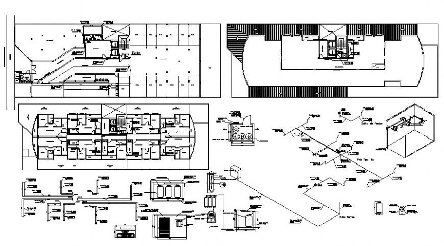 Luxurious club house distribution plan, structure and plumbing details dwg file