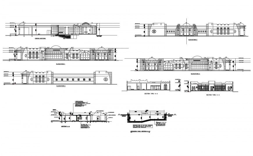 Luxuries clubhouse villa all sided elevation and sectional details dwg file
