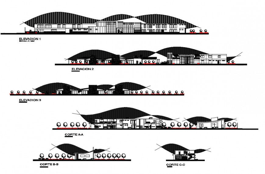 Luxuries five star hotel all sided elevation and section cad drawing details dwg file