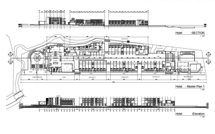 Luxuries hotel building section and floor plan cad drawing details dwg file