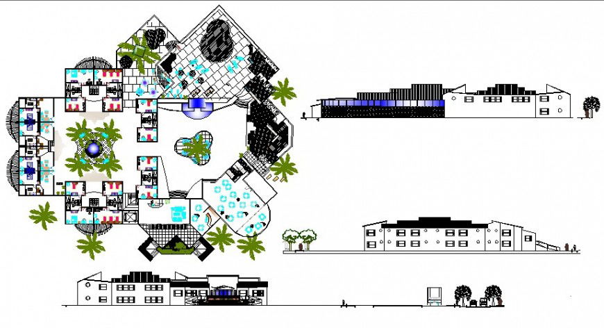 Luxuries hotel elevation, section and plan details dwg file