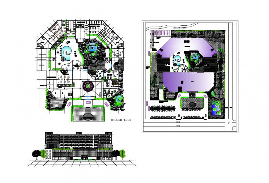 Luxuries hotel elevation, site plan and ground floor plan details dwg file