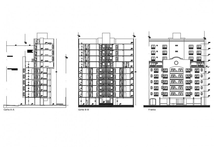 Luxuries hotel main elevation and section details with cut section cad drawing details dwg file