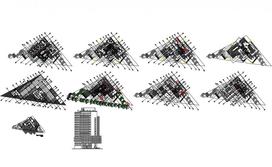 Luxuries multi-flooring hotel building main elevation and floor plan details dwg file