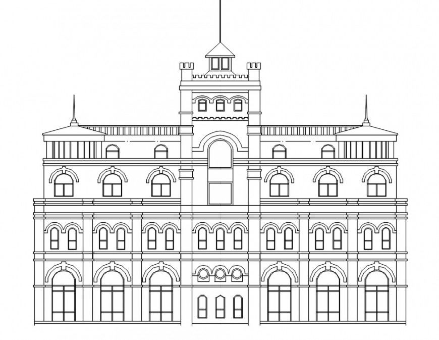 Luxurious old villa front elevation cad drawing details dwg file