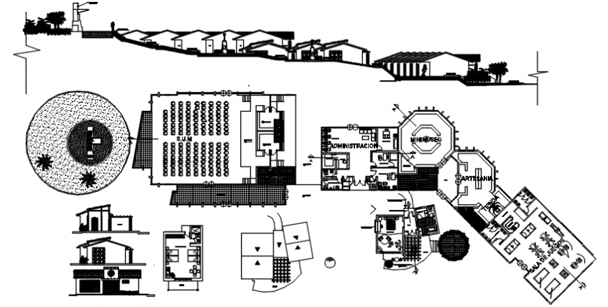 Luxuries resort building elevation, section, plan and cottage details dwg file