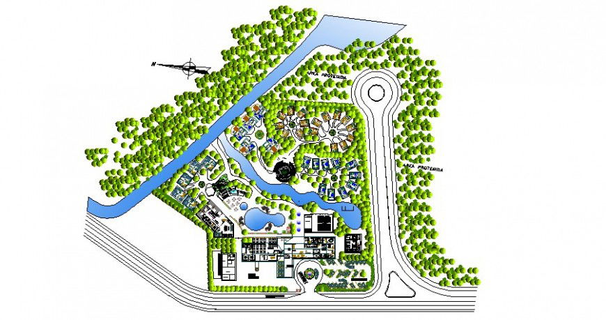 Luxuries resort type hotel distribution plan and landscaping structure details dwg file