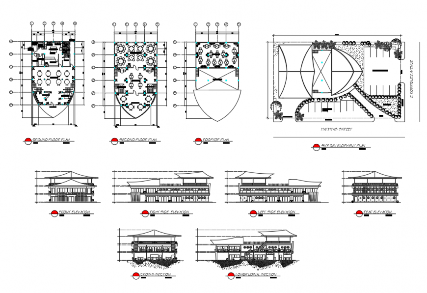 Luxuries restaurant all sided elevation, section and plan details dwg file