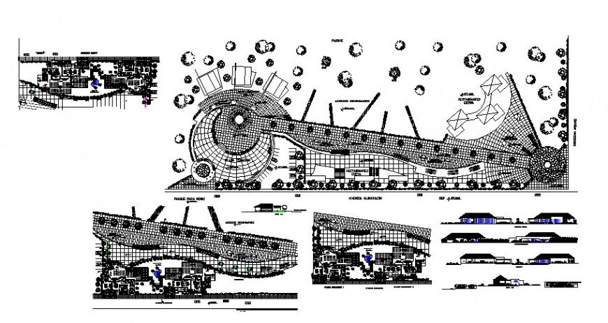 Luxuries restaurant elevation, section, floor plan and landscaping structure details dwg file