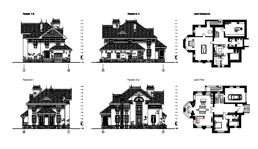 Luxuries villa all sided elevation and floor plan details dwg file