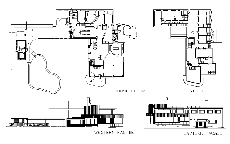 Luxuries villa facade and back elevation and floor plan details dwg file