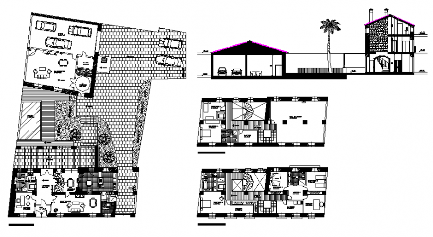 Luxuries villa facade section, general plan and first and second floor layout plan details dwg file