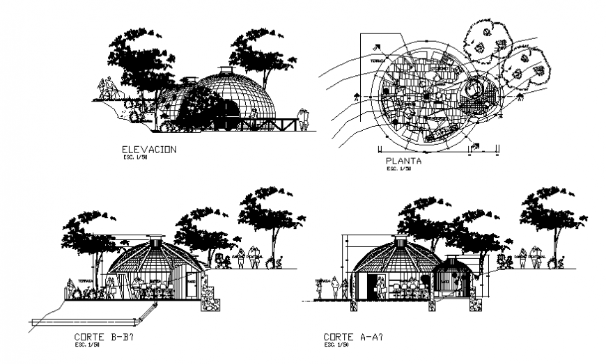 Luxuries villa with bar elevation, section and plan details dwg file