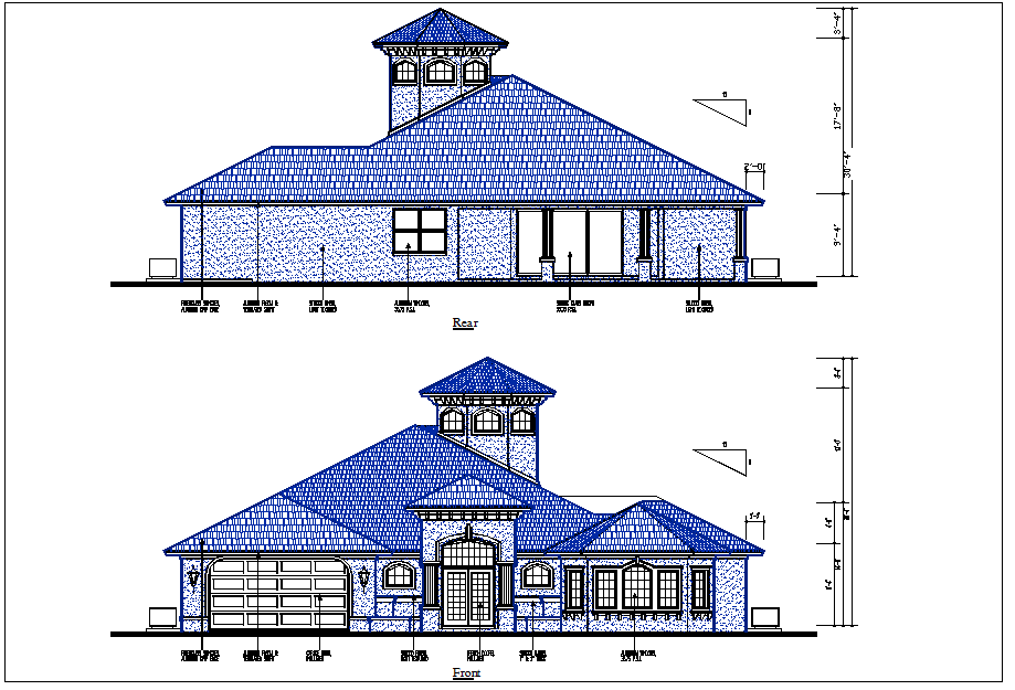 luxurious House front elevation and rear elevation view detail dwg file