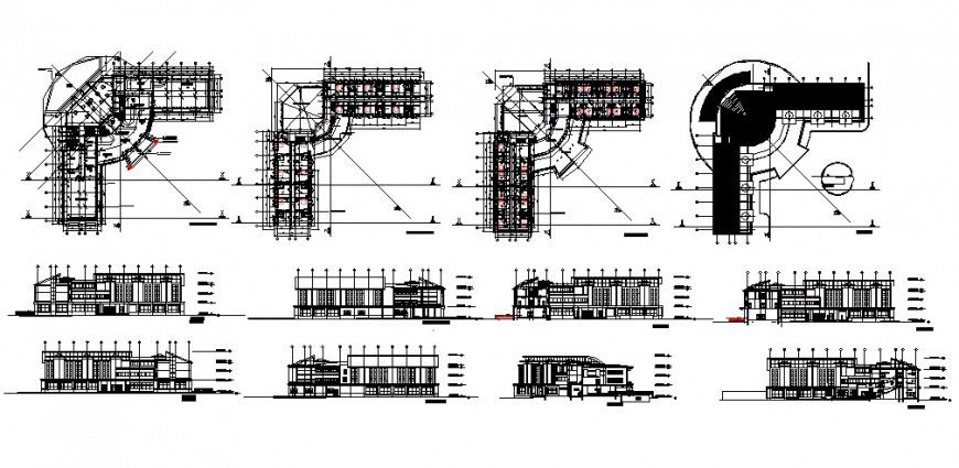 Luxury hotel all sided elevation, section and floor plan cad drawing details dwg file