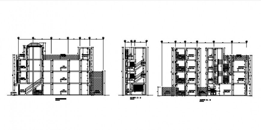 Main, back and side section drawing details of house dwg file