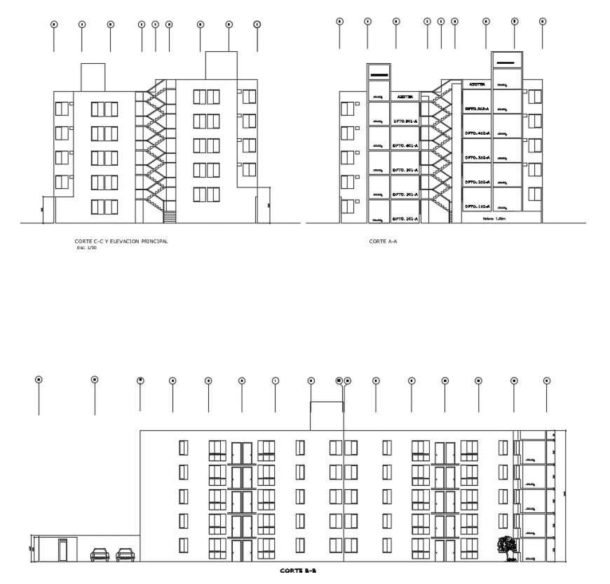 Main and all sided sectional drawing details of multi-familiar residential building dwg file