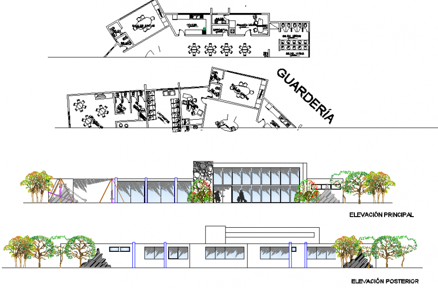 Main and back elevation and floor plan distribution plan cad drawing details dwg file