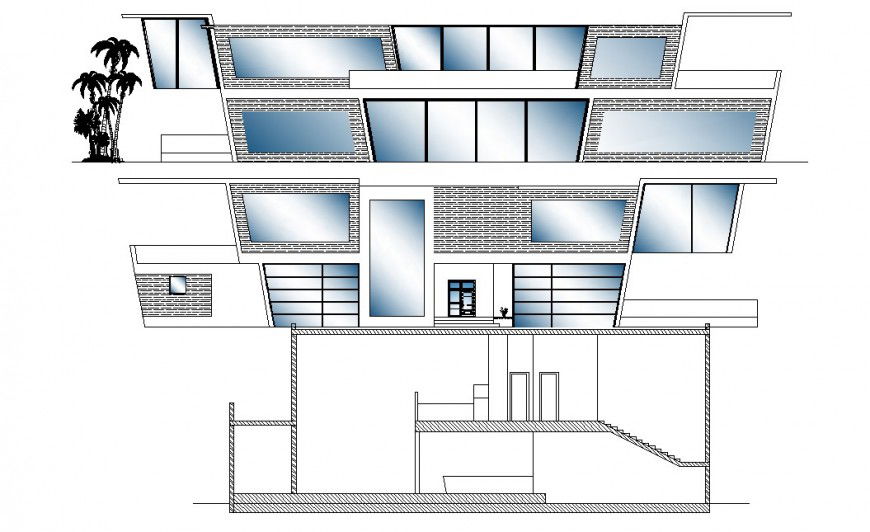 Main and back elevation and lateral section details of five bedroom bungalow dwg file