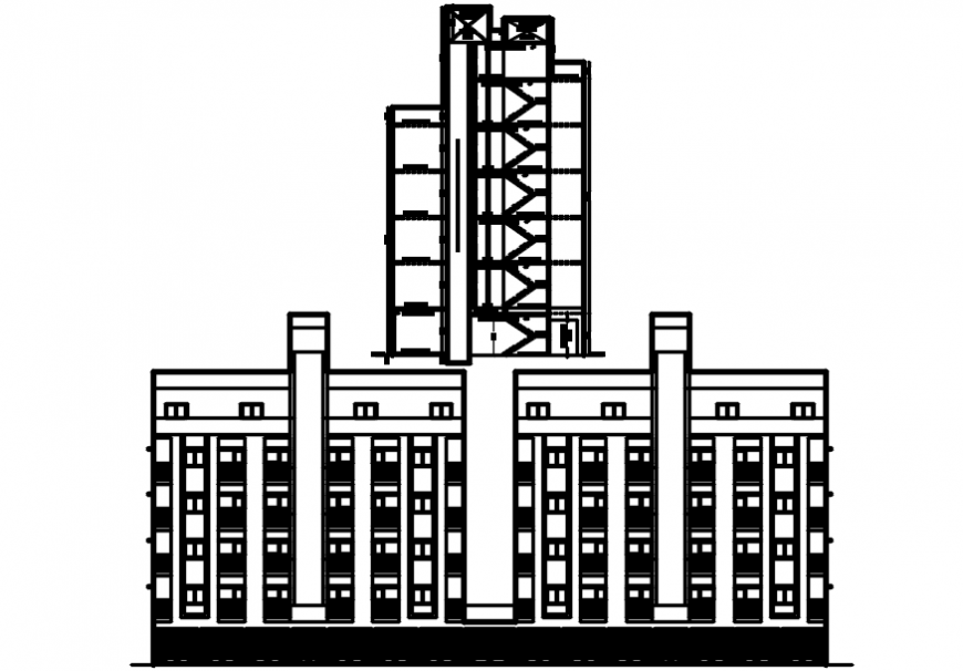 Main and back elevation and main section details of apartment building dwg file