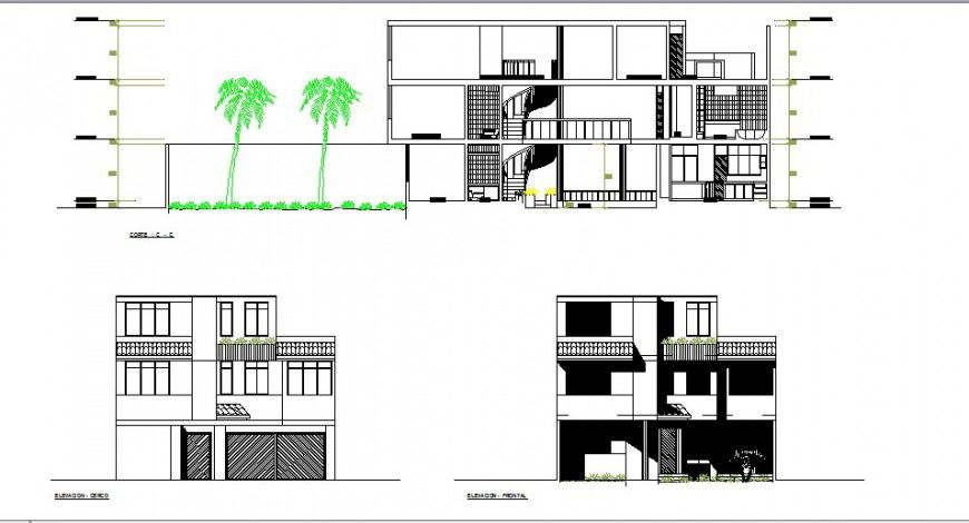 Main and back elevation and main sectional drawing details of house dwg file