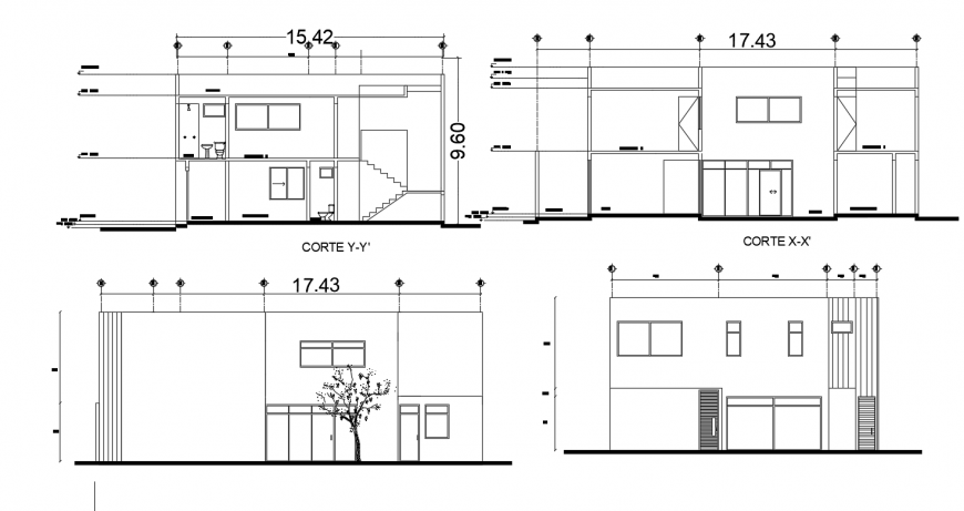 Main and back elevation and section details for residential house dwg file