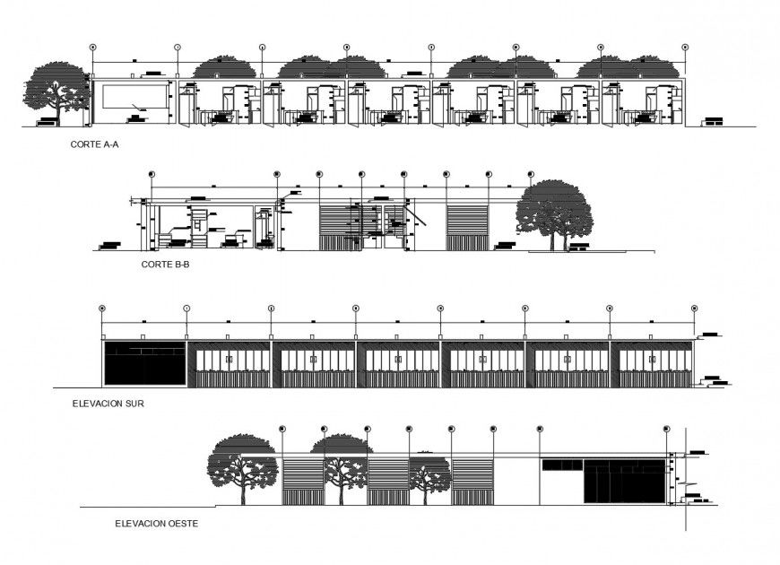 Main and back elevation and section drawing details of government building dwg file