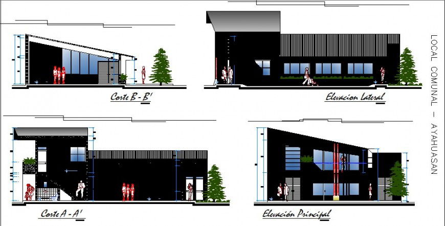Main and back elevation and section of local office building cad drawing details dwg file