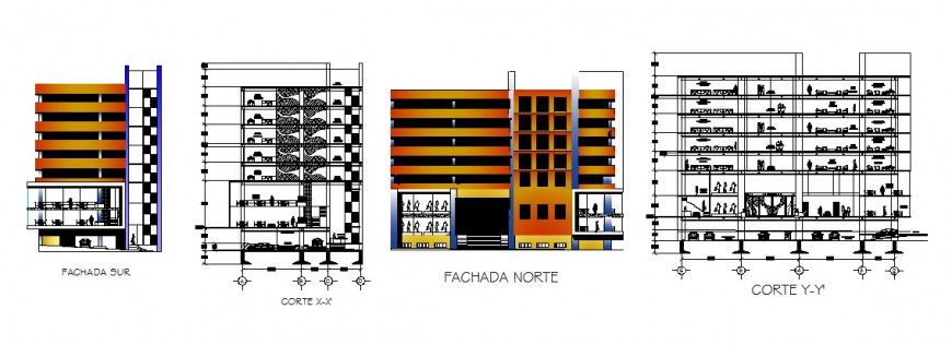 Main and back elevation and sectional details of multi-story office building dwg file