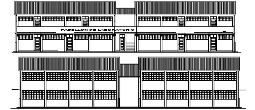 Main and back elevation details of education building dwg file